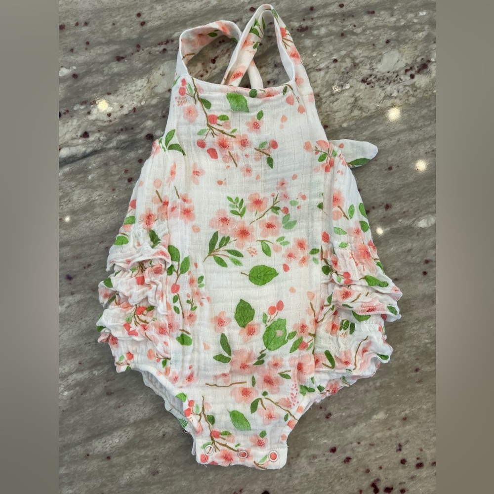 Angel Dear ruffle Sunsuit bubble white with pink & green floral. 3-6m Worn once